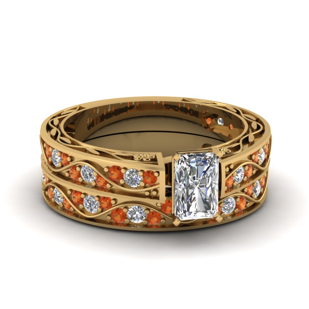 radiant-cut-antique-filigree-wedding-ring-set-with-orange-sapphire-in-yellow-gold-FDENS3543RAGSAOR-NL-YG