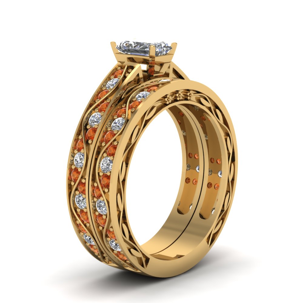 radiant-cut-antique-filigree-wedding-ring-set-with-orange-sapphire-in-yellow-gold-FDENS3543RAGSAORANGLE2-NL-YG