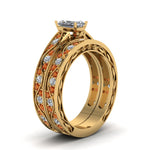 Load image into Gallery viewer, radiant-cut-antique-filigree-wedding-ring-set-with-orange-sapphire-in-yellow-gold-FDENS3543RAGSAORANGLE2-NL-YG