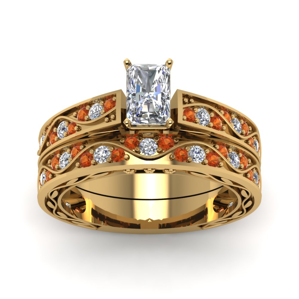 radiant-cut-antique-filigree-wedding-ring-set-with-orange-sapphire-in-yellow-gold-FDENS3543RAGSAORANGLE5-NL-YG