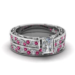 Load image into Gallery viewer, radiant-cut-antique-filigree-wedding-ring-set-with-pink-sapphire-in-white-gold-FDENS3543RAGSADRPI-NL-WG