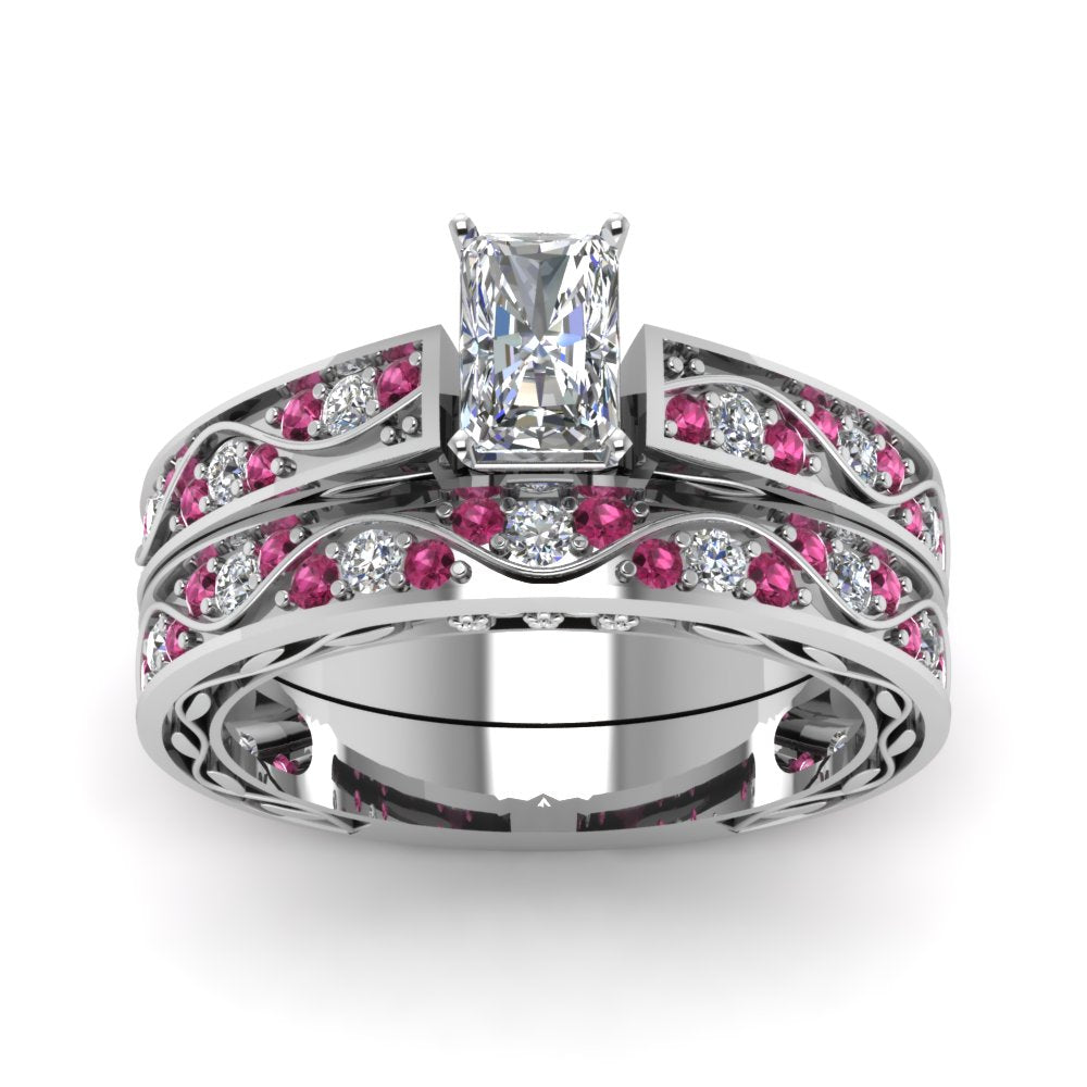 radiant-cut-antique-filigree-wedding-ring-set-with-pink-sapphire-in-white-gold-FDENS3543RAGSADRPIANGLE5-NL-WG
