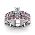 Load image into Gallery viewer, radiant-cut-antique-filigree-wedding-ring-set-with-pink-sapphire-in-white-gold-FDENS3543RAGSADRPIANGLE5-NL-WG