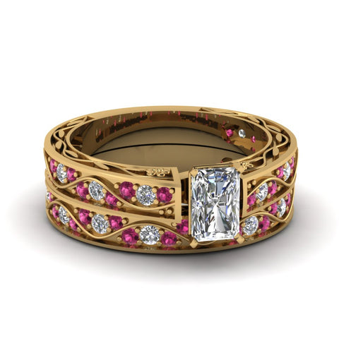 radiant-cut-antique-filigree-wedding-ring-set-with-pink-sapphire-in-yellow-gold-FDENS3543RAGSADRPI-NL-YG