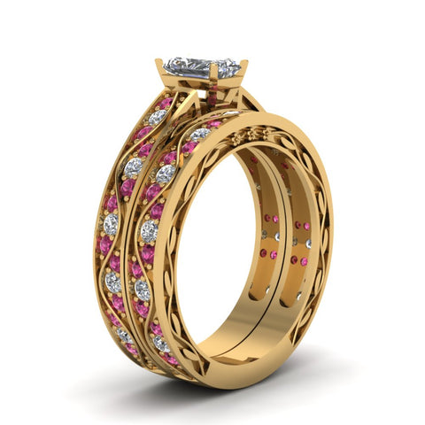 radiant-cut-antique-filigree-wedding-ring-set-with-pink-sapphire-in-yellow-gold-FDENS3543RAGSADRPIANGLE2-NL-YG