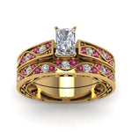 Load image into Gallery viewer, radiant-cut-antique-filigree-wedding-ring-set-with-pink-sapphire-in-yellow-gold-FDENS3543RAGSADRPIANGLE5-NL-YG

