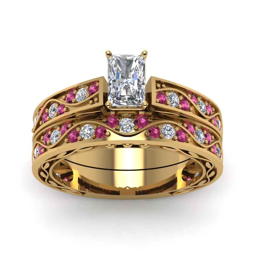 radiant-cut-antique-filigree-wedding-ring-set-with-pink-sapphire-in-yellow-gold-FDENS3543RAGSADRPIANGLE5-NL-YG