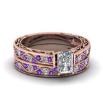Load image into Gallery viewer, radiant-cut-antique-filigree-wedding-ring-set-with-purple-amethyst-in-rose-gold-FDENS3543RAGVITO-NL-RG