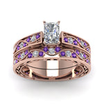 Load image into Gallery viewer, radiant-cut-antique-filigree-wedding-ring-set-with-purple-amethyst-in-rose-gold-FDENS3543RAGVITOANGLE5-NL-RG