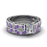 Load image into Gallery viewer, radiant-cut-antique-filigree-wedding-ring-set-with-purple-amethyst-in-white-gold-FDENS3543RAGVITO-NL-WG

