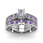 Load image into Gallery viewer, radiant-cut-antique-filigree-wedding-ring-set-with-purple-amethyst-in-white-gold-FDENS3543RAGVITOANGLE5-NL-WG