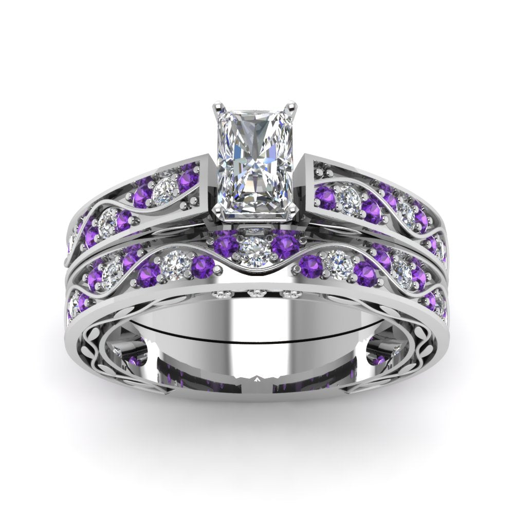 radiant-cut-antique-filigree-wedding-ring-set-with-purple-amethyst-in-white-gold-FDENS3543RAGVITOANGLE5-NL-WG