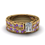 Load image into Gallery viewer, radiant-cut-antique-filigree-wedding-ring-set-with-purple-amethyst-in-yellow-gold-FDENS3543RAGVITO-NL-YG
