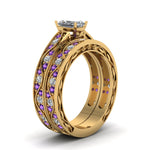 Load image into Gallery viewer, radiant-cut-antique-filigree-wedding-ring-set-with-purple-amethyst-in-yellow-gold-FDENS3543RAGVITOANGLE2-NL-YG
