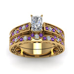 Load image into Gallery viewer, radiant-cut-antique-filigree-wedding-ring-set-with-purple-amethyst-in-yellow-gold-FDENS3543RAGVITOANGLE5-NL-YG