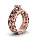 Load image into Gallery viewer, radiant-cut-antique-filigree-wedding-ring-set-with-ruby-in-rose-gold-FDENS3543RAGRUDRANGLE2-NL-RG

