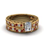 Load image into Gallery viewer, radiant-cut-antique-filigree-wedding-ring-set-with-ruby-in-yellow-gold-FDENS3543RAGRUDR-NL-YG
