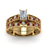 Load image into Gallery viewer, radiant-cut-antique-filigree-wedding-ring-set-with-ruby-in-yellow-gold-FDENS3543RAGRUDRANGLE5-NL-YG
