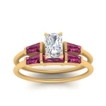 Load image into Gallery viewer, radiant-cut-bar-set-pink-sapphire-ring-with-matching-3-baguette-wedding-band-in-FDENS100RAGSADRPI-NL-YG
