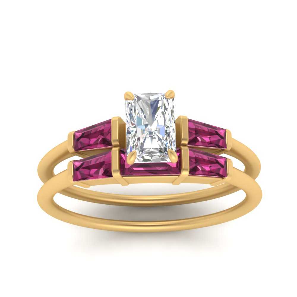 radiant-cut-bar-set-pink-sapphire-ring-with-matching-3-baguette-wedding-band-in-FDENS100RAGSADRPI-NL-YG