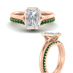 Load image into Gallery viewer, radiant-cut-bezel-solitaire-ring-with-emerald-band-in-rose-gold-FD11229RAGEMGRANGLE3-NL-RG_758af8df-0e06-4453-bc2a-6a593e7d370d.jpg?v=1758702953