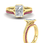 Load image into Gallery viewer, radiant-cut-bezel-solitaire-ring-with-pink-sapphire-band-in-yellow-gold-FD11229RAGSADRPIANGLE3-NL-YG.jpg?v=1758702888
