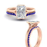 Load image into Gallery viewer, radiant-cut-bezel-solitaire-ring-with-sapphire-band-in-rose-gold-FD11229RAGSABLANGLE3-NL-RG_8db047f6-302a-4a2a-a405-21f23577070e.jpg?v=1758702953