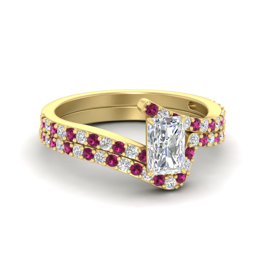 radiant-cut-diamond-wedding-ring-set-with-pink-sapphire-in-FDENS3007RAGSADRPI-NL-YG