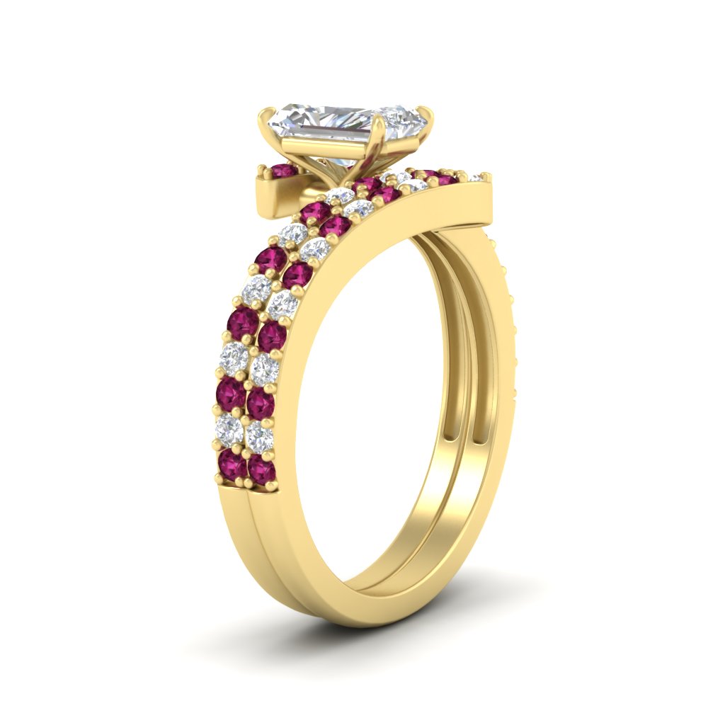 radiant-cut-diamond-wedding-ring-set-with-pink-sapphire-in-FDENS3007RAGSADRPI-NL-YG