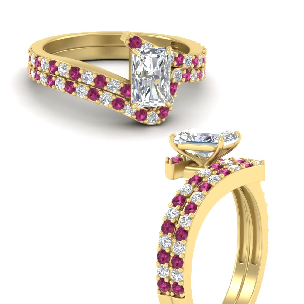radiant-cut-diamond-wedding-ring-set-with-pink-sapphire-in-FDENS3007RAGSADRPI-NL-YG