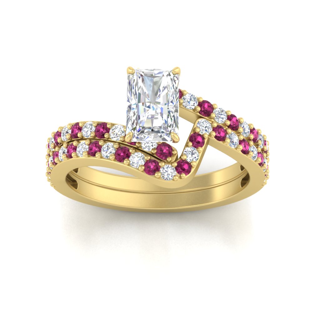 radiant-cut-diamond-wedding-ring-set-with-pink-sapphire-in-FDENS3007RAGSADRPI-NL-YG