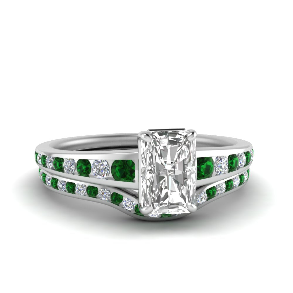 radiant-cut-graduated-channel-diamond-wedding-set-with-emerald-in-FD122866RAGEMGR-NL-WG