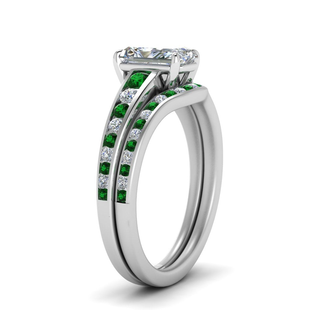 radiant-cut-graduated-channel-diamond-wedding-set-with-emerald-in-FD122866RAGEMGR-NL-WG