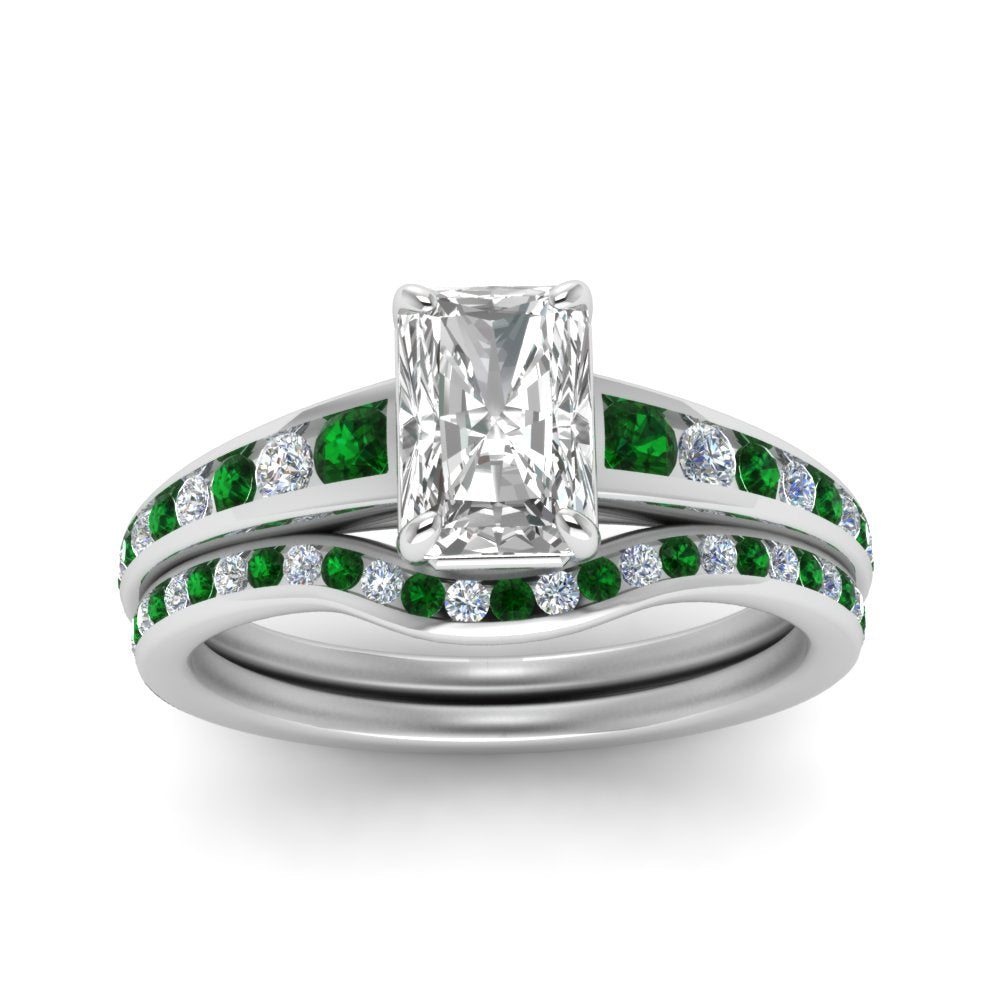 radiant-cut-graduated-channel-diamond-wedding-set-with-emerald-in-FD122866RAGEMGR-NL-WG