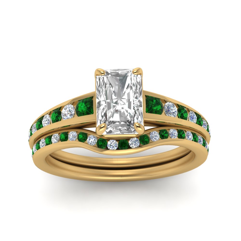 radiant-cut-graduated-channel-diamond-wedding-set-with-emerald-in-FD122866RAGEMGR-NL-YG
