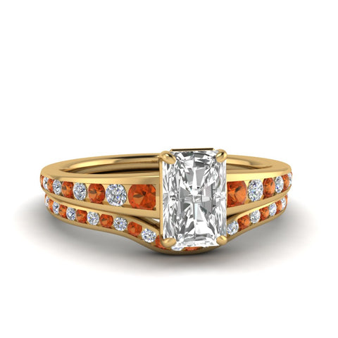radiant-cut-graduated-channel-diamond-wedding-set-with-orange-sapphire-in-FD122866RAGSAOR-NL-YG