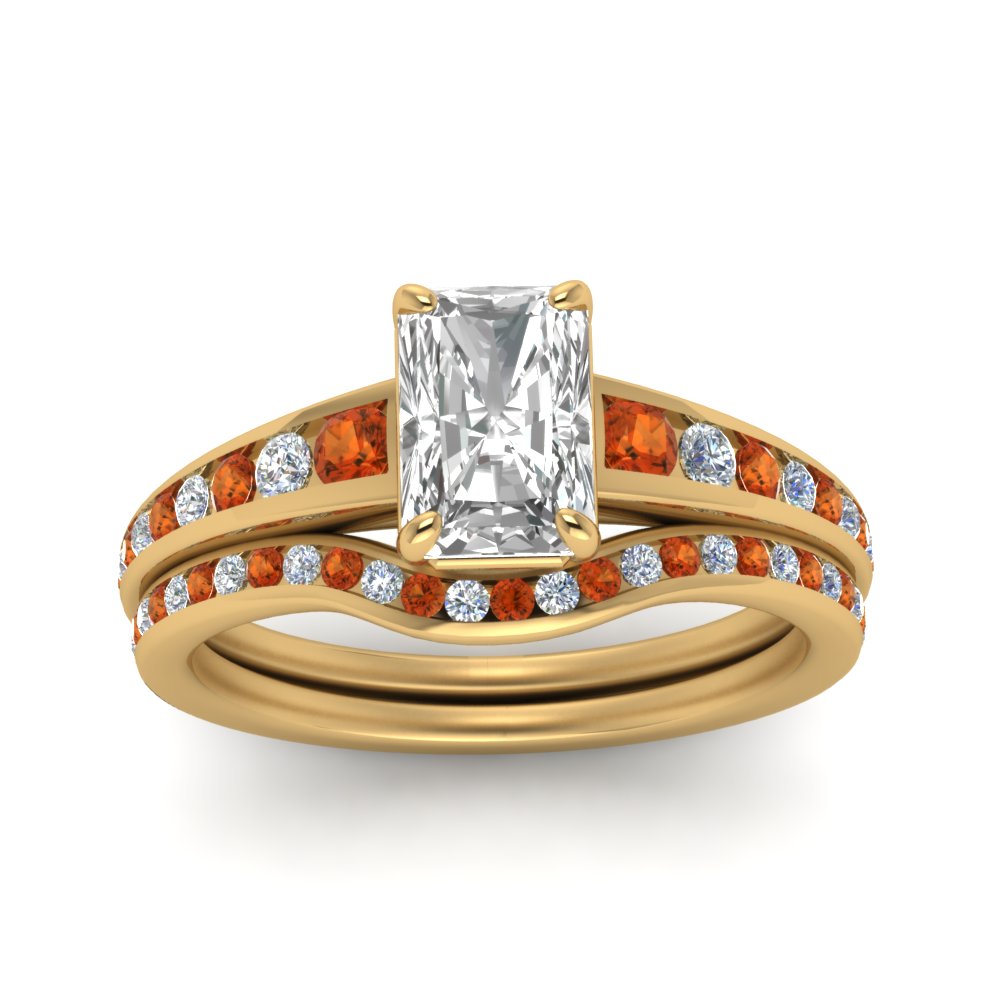 radiant-cut-graduated-channel-diamond-wedding-set-with-orange-sapphire-in-FD122866RAGSAOR-NL-YG