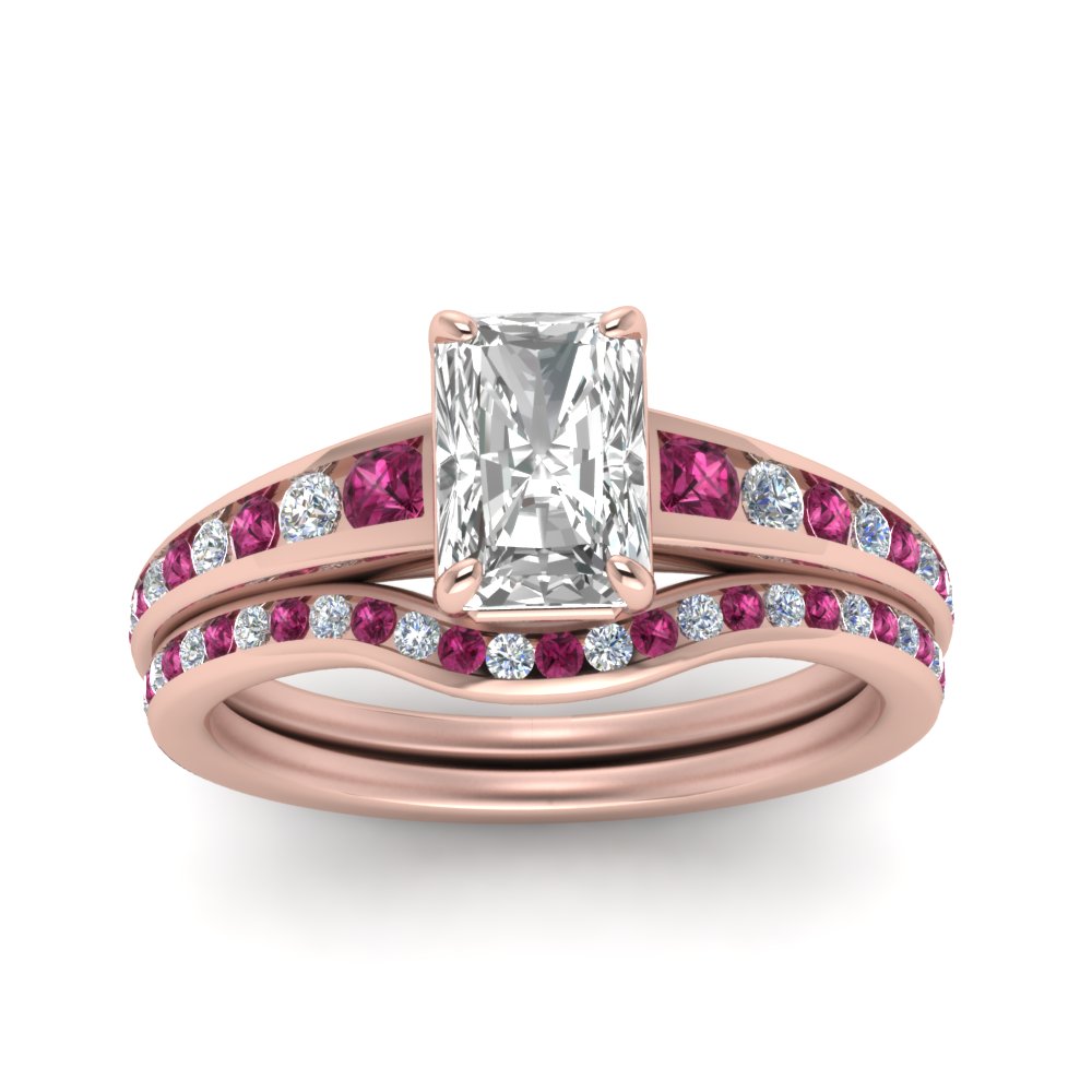 radiant-cut-graduated-channel-diamond-wedding-set-with-pink-sapphire-in-FD122866RAGSADRPI-NL-RG
