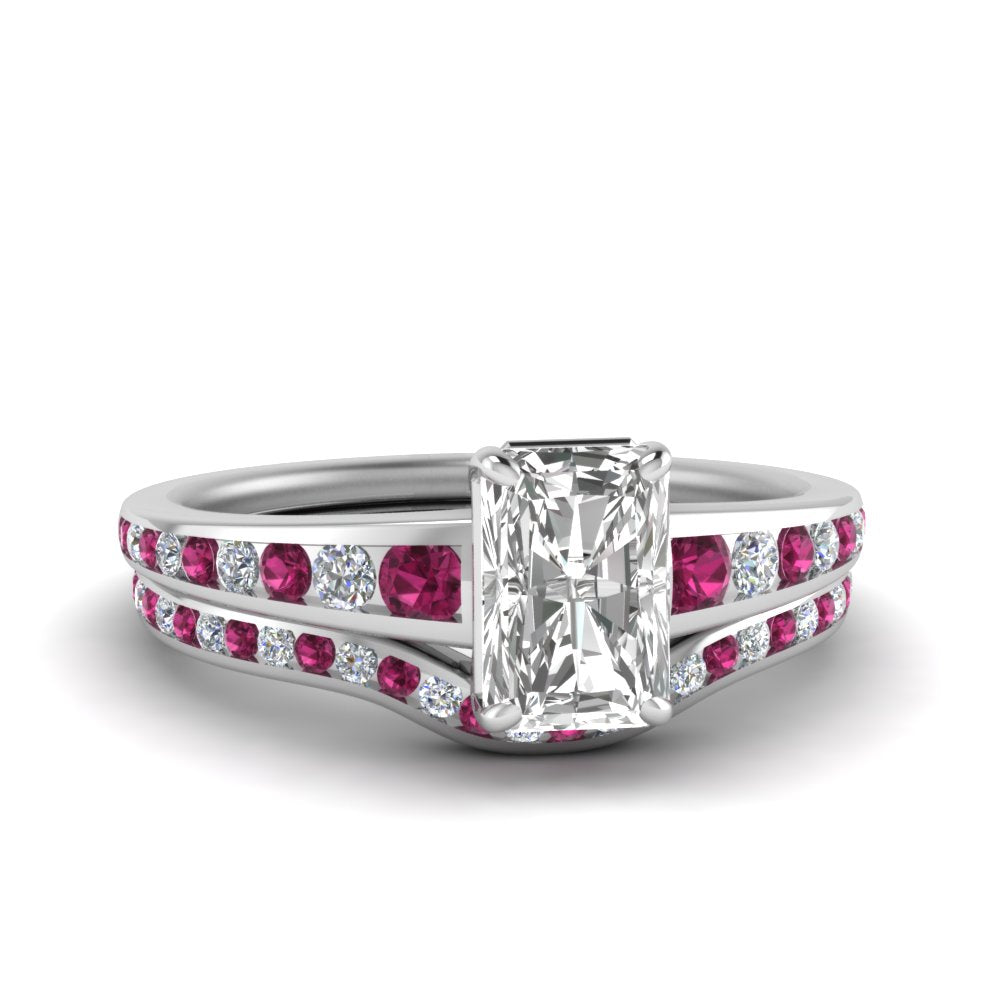 radiant-cut-graduated-channel-diamond-wedding-set-with-pink-sapphire-in-FD122866RAGSADRPI-NL-WG