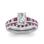 Load image into Gallery viewer, radiant-cut-graduated-channel-diamond-wedding-set-with-pink-sapphire-in-FD122866RAGSADRPI-NL-WG
