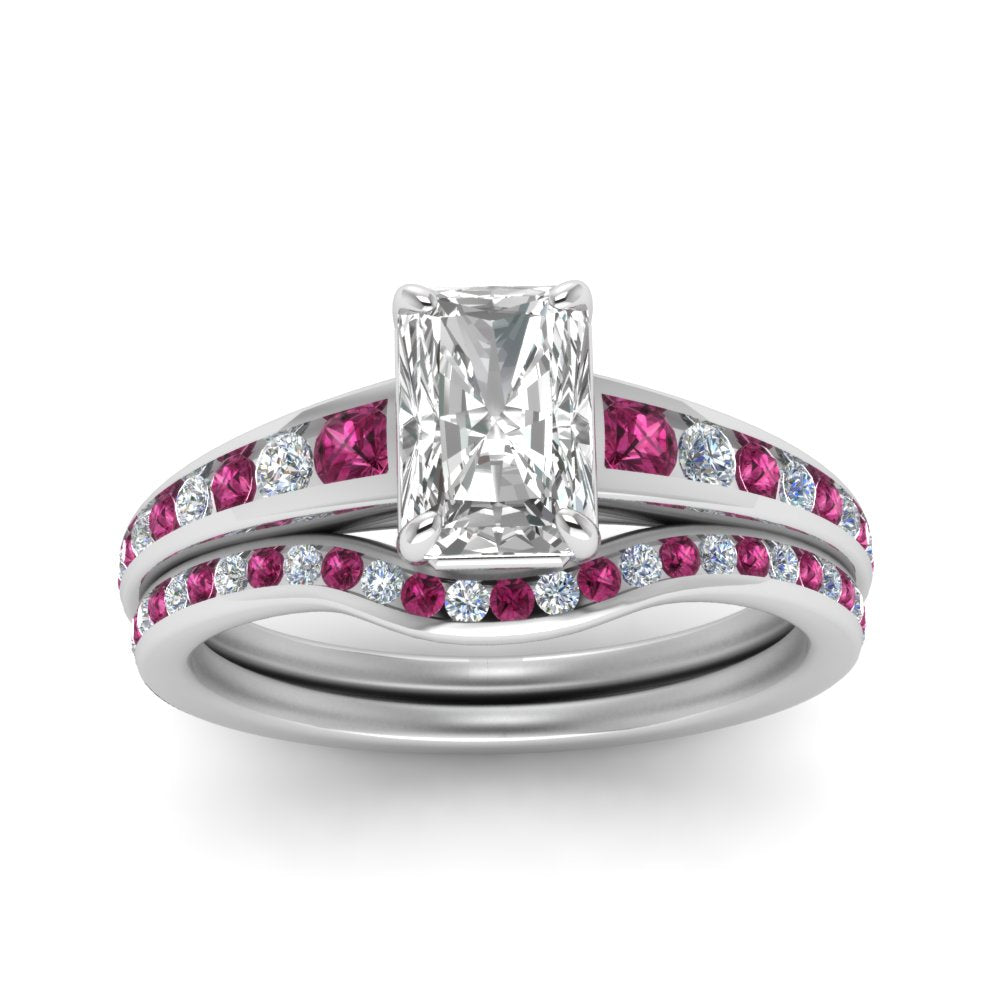 radiant-cut-graduated-channel-diamond-wedding-set-with-pink-sapphire-in-FD122866RAGSADRPI-NL-WG