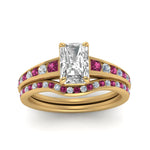 Load image into Gallery viewer, radiant-cut-graduated-channel-diamond-wedding-set-with-pink-sapphire-in-FD122866RAGSADRPI-NL-YG
