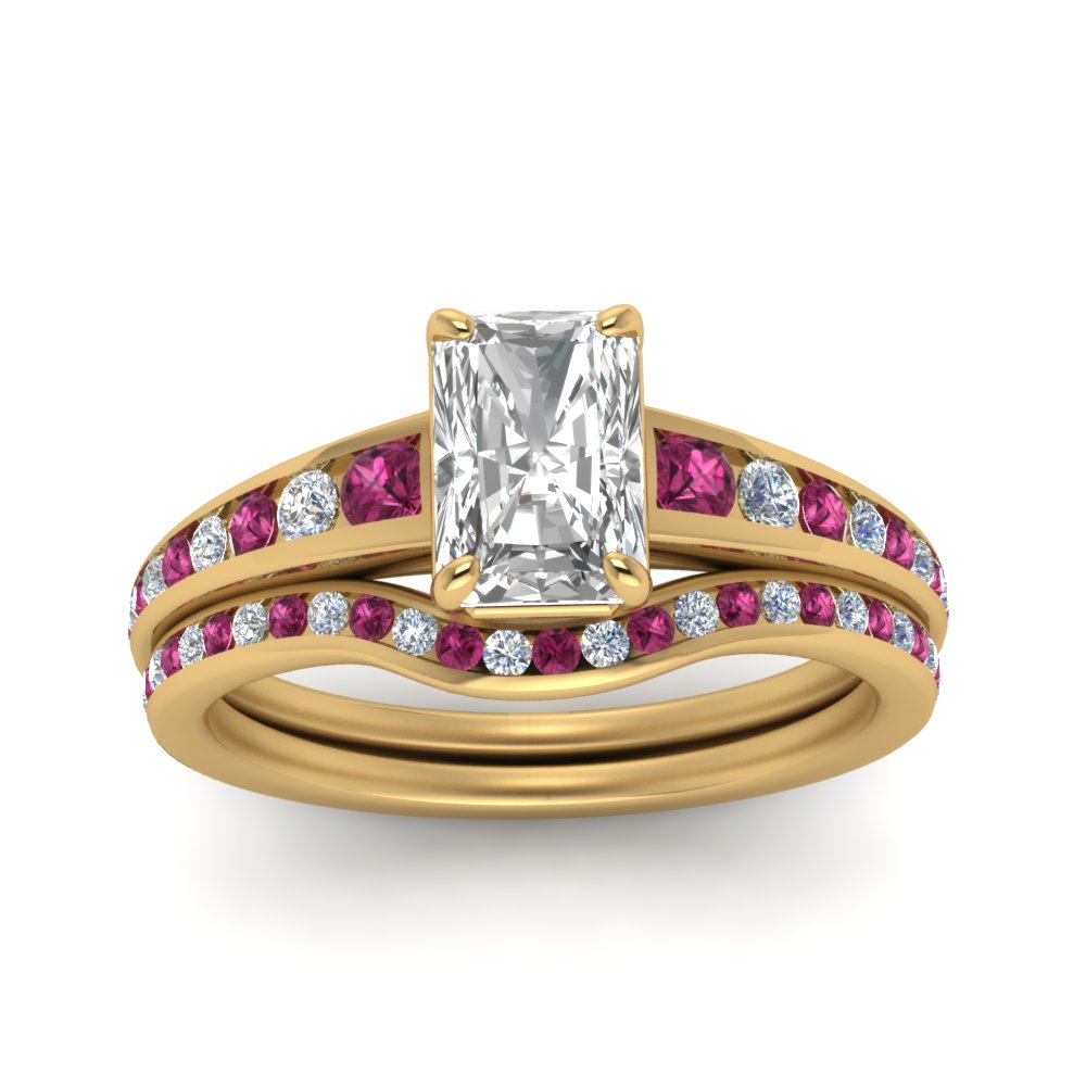 radiant-cut-graduated-channel-diamond-wedding-set-with-pink-sapphire-in-FD122866RAGSADRPI-NL-YG