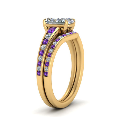 radiant-cut-graduated-channel-diamond-wedding-set-with-purple-topaz-in-FD122866RAGVITO-NL-YG