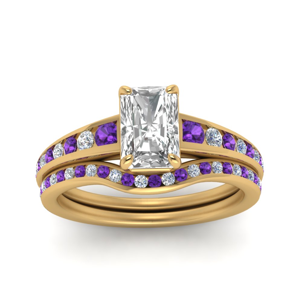 radiant-cut-graduated-channel-diamond-wedding-set-with-purple-topaz-in-FD122866RAGVITO-NL-YG