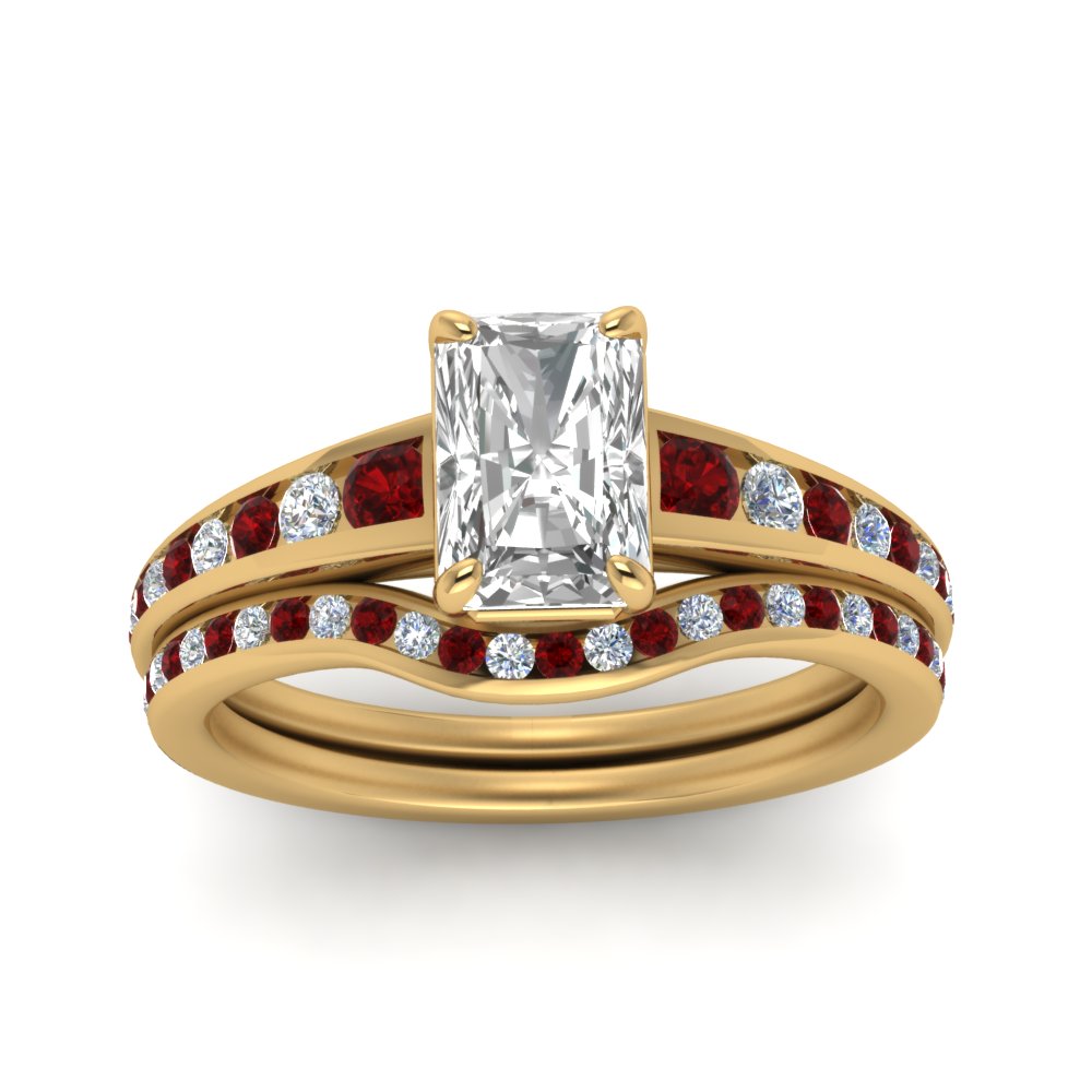 radiant-cut-graduated-channel-diamond-wedding-set-with-ruby-in-FD122866RAGRUDR-NL-YG