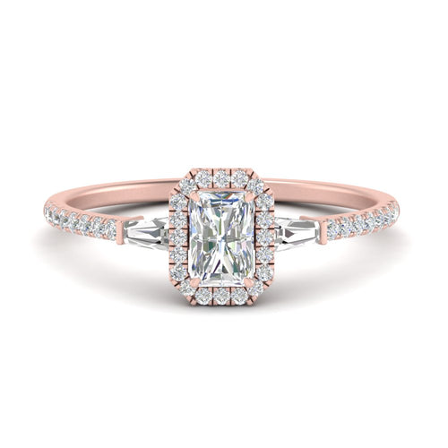 Lab Grown  Halo Diamond Ring With Baguette Accented