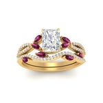 Load image into Gallery viewer, radiant-cut-twisted-vine-luxury-pink-sapphire-bridal-ring-set-in-yellow-gold-FDENR3211RAGSADRPIANGLE3-NL-YG
