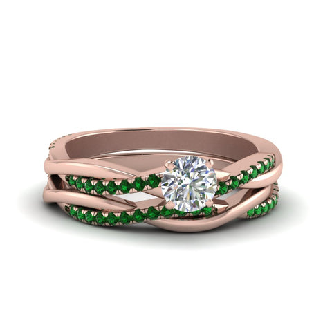 round-cut-Infinity-twist-diamond-matching-bridal-set-with-emerald-in-14K-rose-gold-FD8253ROGEMGR-NL-RG