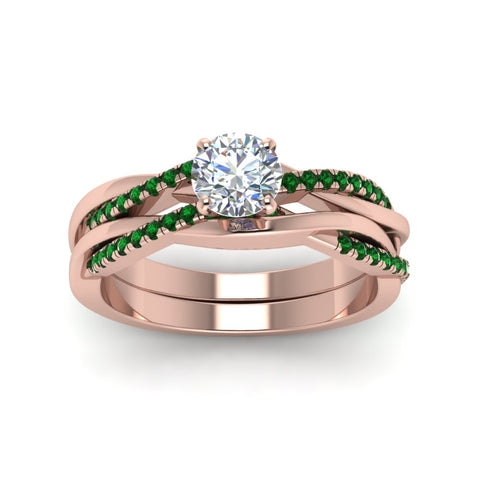 round-cut-Infinity-twist-diamond-matching-bridal-set-with-emerald-in-14K-rose-gold-FD8253ROGEMGR-NL-RG